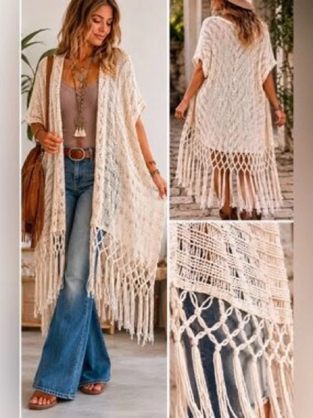 Kori | NWT Boho Fringe Open-Weave Kimono Cardigan - Neutral Cream M/L